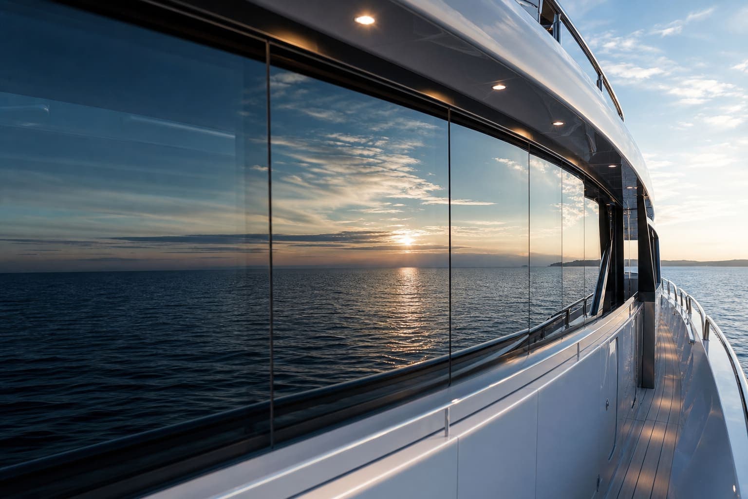 Raampartij van een superjacht met de zonsondergang weerspiegeld in het glas